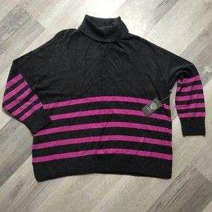 Vince Camuto Cozy Turtleneck Eyelash Sweater Stripes Super Soft 2XL Grey/Pink